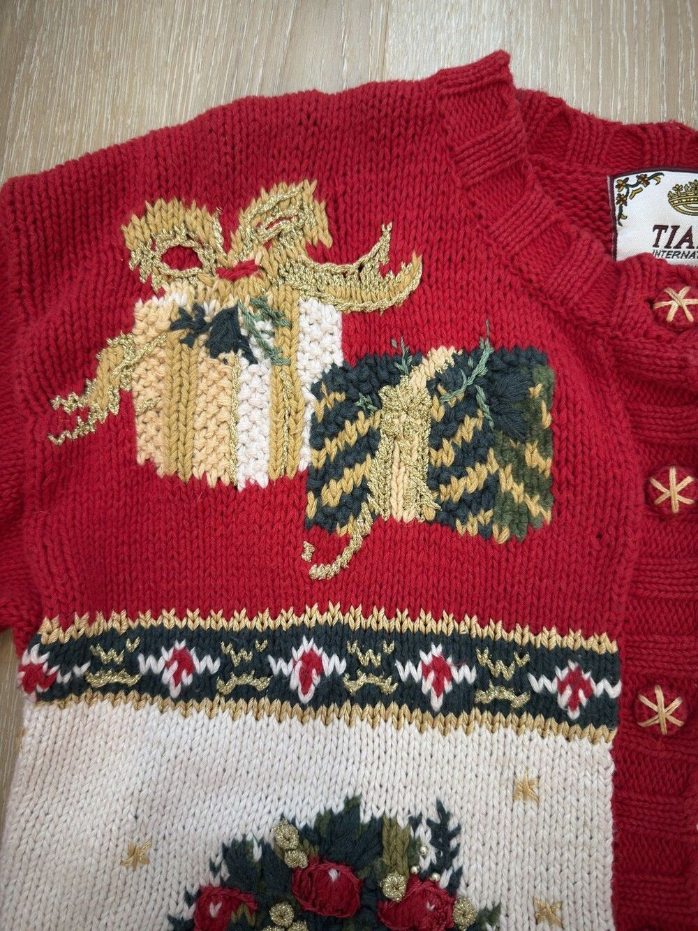 VTG Y2K Tiara International Christmas Cardigan Ugly Grandma Sweater S Patchwork - Picture 10 of 15